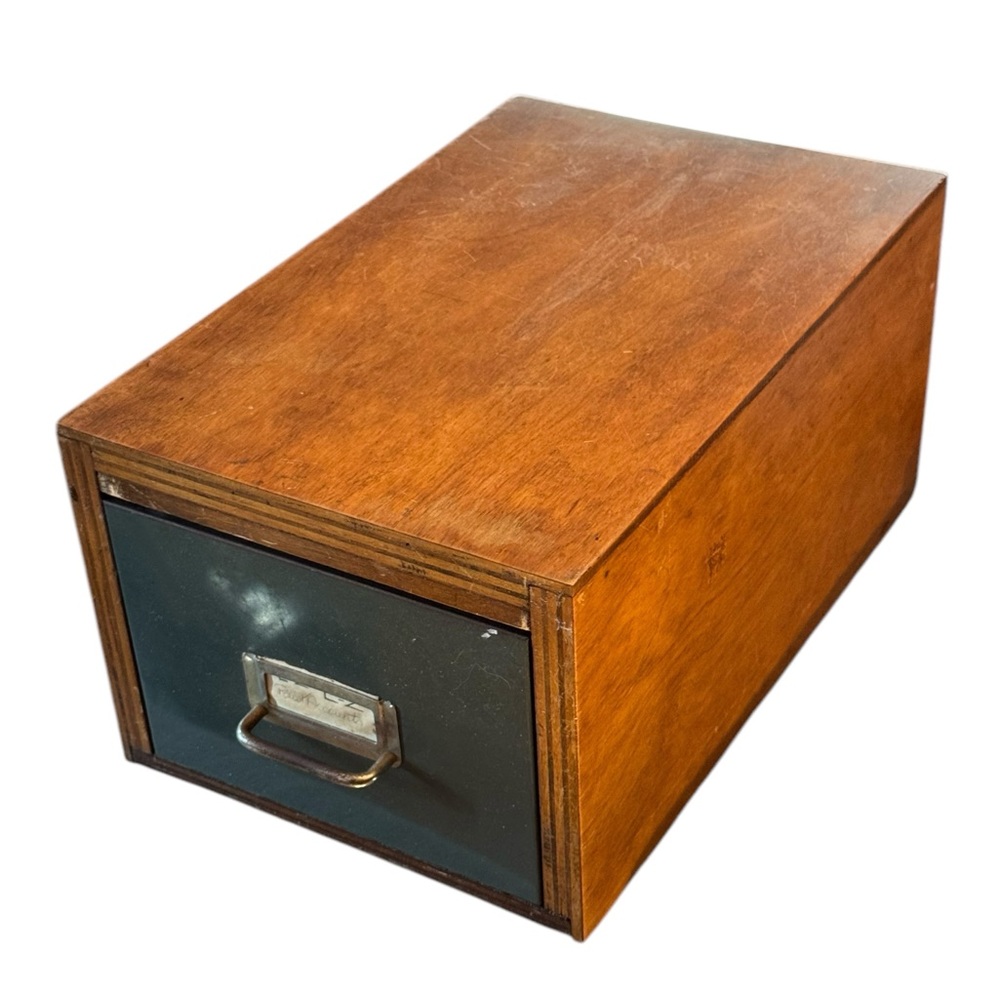 Antique Solid OAK Wooden File Storage Box metal Drawer handmade Card Caralog